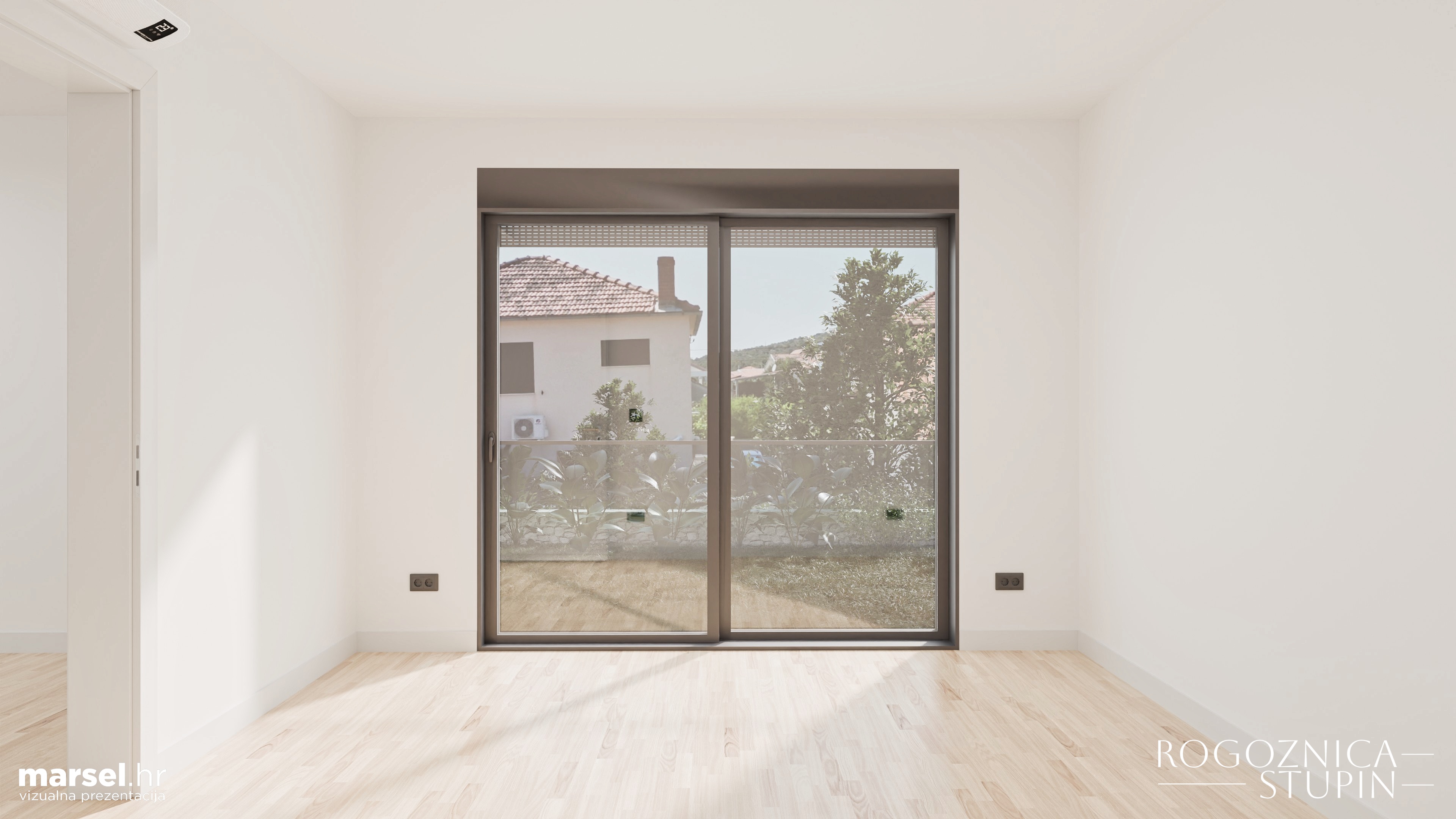 Vizualizacija interijera apartmana u novogradnji Rogoznica Stupin. Prostrani i svijetli unutarnji prostori s pogledom na more, idealni za stanovanje ili investiranje u apartman na dalmatinskoj obali.